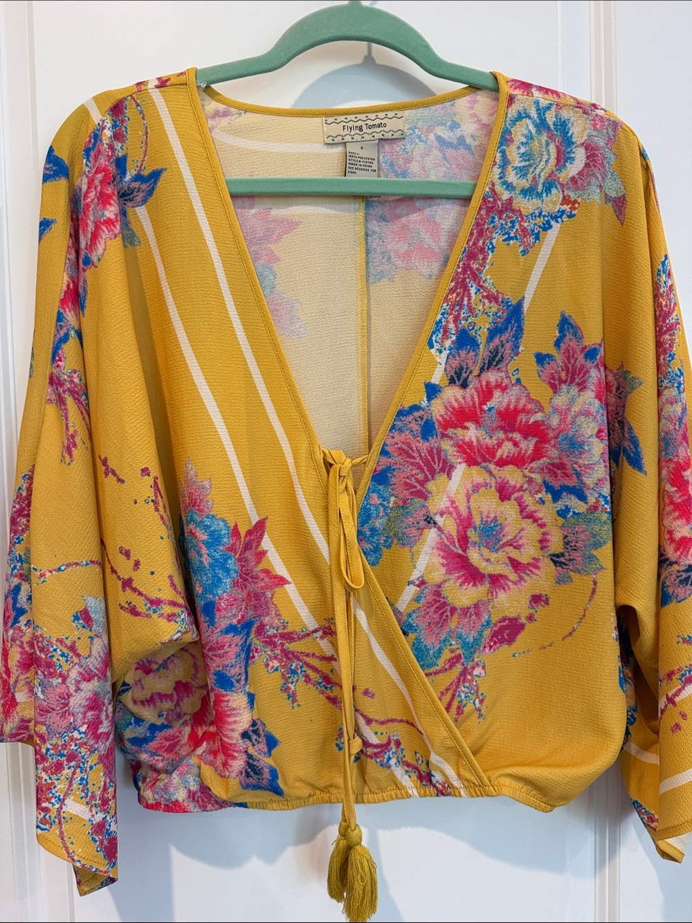 Flying Tomato Mustard Floral Wrap Top with Pink & Blue Accents